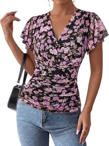 GRACE KARIN 2026 Womens Mesh Tops Summer Ruffle Sleeve Dressy Casual Top Floral Wrap Blouse Fashion Outfits Black Purple XL - Image 1