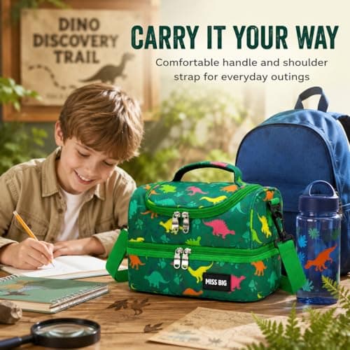 MISS BIG® Kids Lunch Bag for Boys, Dinosaur Insulated Lunch Bag with Two-Tier Storage, Adjustable Shoulder Strap, Lunch Box Bag for Kids, School, Daycare, Picnic, and Travel - Thumbnail 5