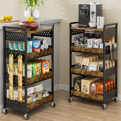 MJIMKE 4-Tier Utility Rolling Cart with Wheels - Kitchen Organizations and Storage Metal Cart, Detachable Fruits Coffee Snacks Art Craft Storage Cart for Bathroom, Pantry & Laundry, Black - Image 1