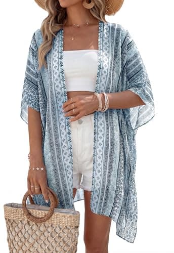 PRETTYGARDEN Summer Kimonos for Women Boho Floral Short Sleeve Kimono Cardigans Swimsuit Beach Cover Ups for Women Swimwear (Light Blue Floral, Large) - Thumbnail 4