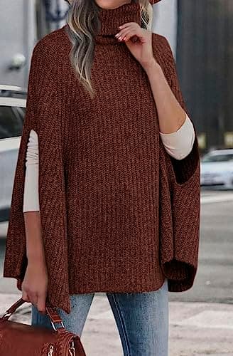 KIRUNDO Women's 2026 Fall Winter Turtleneck Poncho Sweater Fashion Chunky Knit Cape Wrap Sweaters Pullover Jumper Tops(Red Brown, Small) - Thumbnail 3