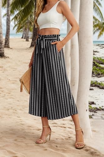 IWOLLENCE Women Flowy Loose Wide Leg Pant Summer Beach Casual Trousers high Waist Adjustable Knot Business Work Casual Pants Bohemian Stripes Small - Thumbnail 2