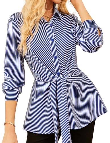 GRACE KARIN Peplum Tops for Women Tie Front Striped Button Down Shirt Collared Long Sleeve Business Casual Work Office Blouse Blue - Image 1