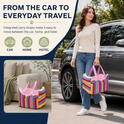 Cullaby Console Dog Car Seat for Small Dogs - Anti-Collapse Center Console Armrest Booster Seat, Sturdy Pet Travel Seat with Safety Tether, Cozy Washable Cushion, Puppy Up to 15lbs (Colorful Stripes) - Thumbnail 3