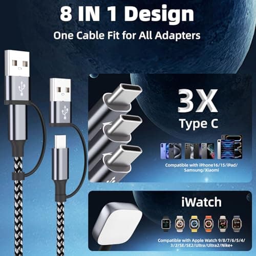 2026 Travel Essentials for iWatch Charger with 3 Type-C Ports, Cruise Essentials iPhone Charger, USB C Multi Charging Cable/Cord for iWatch Ultra/SE/11-1, iPhone17-12, Android, Car More -1Pc 5FT - Thumbnail 2