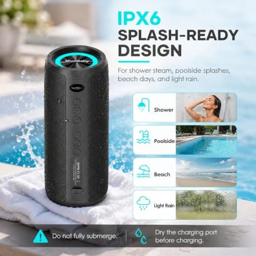 Bluetooth Speaker IPX6 Waterproof.Musibaby M88pro with Loud Stereo Sound,Portable Wireless Speaker,40H Battery,Bluetooth 5.3,Dual Pairing, Shower Outdoor Speaker for Party, Beach, Gifts Ideal. - Thumbnail 3