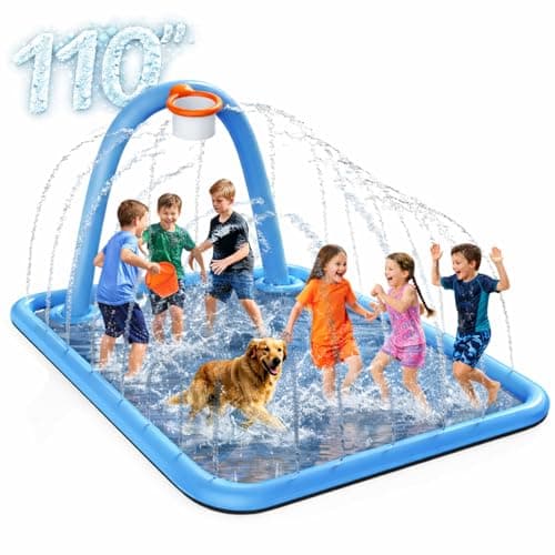 Octaplay Splash Pad for Kids & Dogs, 102x87'' Large Sprinkler Pad Water Toys with Basketball Hoop, Thickened Non-Slip Splash Mat, Foldable Play Pool & Outdoor Summer Toys Ages 4-12 (110" Splash Pad)
