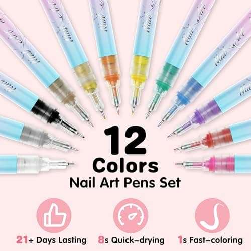 12 Colors Nail Art Pens Set, 0.5mm Ultra-Fine Tip Nail Polish Pens for Drawing Dotting Painting Liner, Quick Dry Non-Toxic Nail Art Markers for DIY Nail Art Crafts, Home, and Salon Use - Thumbnail 2