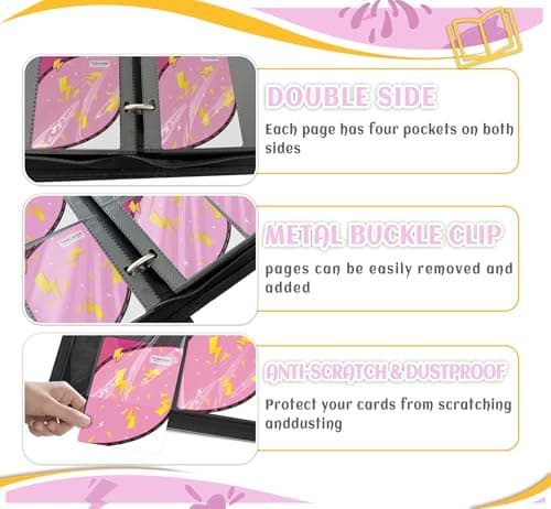 Trading Card Binder 4 Pocket,Card Binder 400 Pockets,Card Book Holder Cards with 50 Removable Sleeves,3-Ring Zip Design MTG/TCG/Sport Collectible Trading Card Albums Gifts for Boys and Girls (Pink) - Thumbnail 5