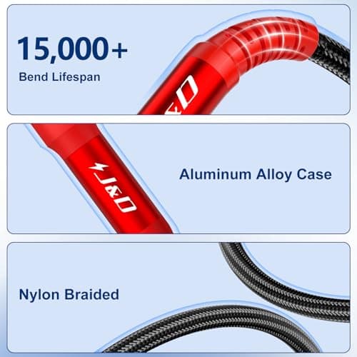 J&D Guitar Cable 2Pack, 1/4 Inch TS Instrument Cable, 6.35mm Cord for Electric Guitar, Bass, Keyboard, Amplifier, Speaker, Right Angle to Straight, Red, 6.6 Feet - Thumbnail 4