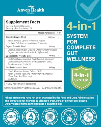 Anven Health 800mg Digestive Enzymes for Men and Women with Probiotics & Organic Prebiotics, 8 Key Enzymes, Protease, Amylase & Lipase for Bloating, Gas Relief, Non-GMO | 90 Capsules - Thumbnail 2