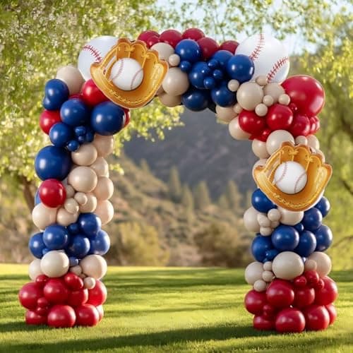 Baseball Balloon Garland Arch Kit, Navy Blue Red Nude Balloon Arch with Baseball Glove Foil Balloons for Boys Girls Birthday Baseball Themed Party Decorations - Thumbnail 5