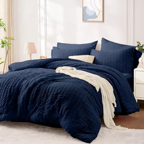 FUANNA King Size Comforter Set 7 Pieces, Luxury Seersucker Bed in a Bag King for All Seasons, Soft King Bedding Set with Comforter, Flat Sheet, Fitted Sheet, Pillowcases & Shams for Bedroom, Navy Blue - Image 1