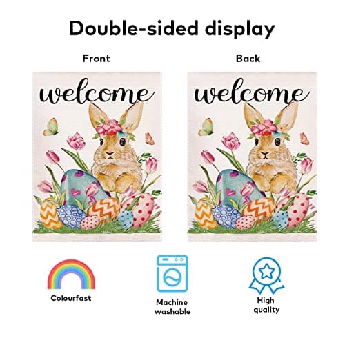 Easter Garden Flag, Welcome Bunny Garden Flag 12x18 Inch Double Sided, Spring Garden Flag for Outside, Burlap Yard Flag for Easter Outdoor Decorations - Thumbnail 2