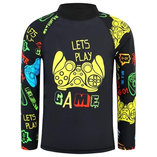 TFJH E Boys Rash Guard Sets UV 50+ 2PCS Long Sleeve Athletic Technical Swimsuits 5T 6T Black Game 116/122 - Thumbnail 2