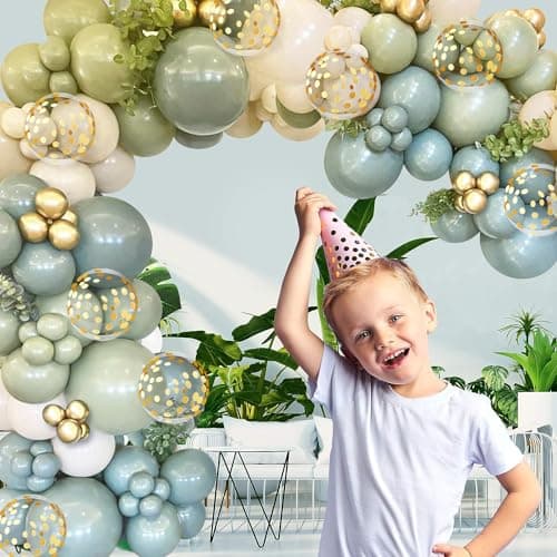 Dusty Green Blue Balloon Arch Kit - 139 PCs Sage Green Blue Sand White Gold Confetti Balloons for Bridal Shower Birthday Jungle Safari Wedding Baby Shower Party Decorations - Thumbnail 3