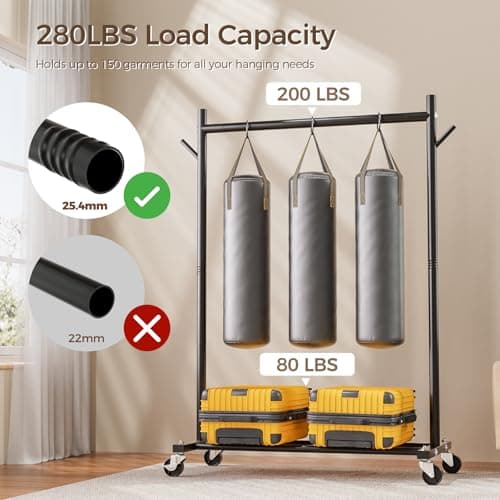 Clothes Rack, Clothing Rack for Hanging Clothes Load 280LBS, Rolling Garment Rack, Portable Coat Rack Freestanding Clothes Rack with Wheels Wardrobe Rack Easy Assembly for Bedroom Living Room, Black - Thumbnail 2
