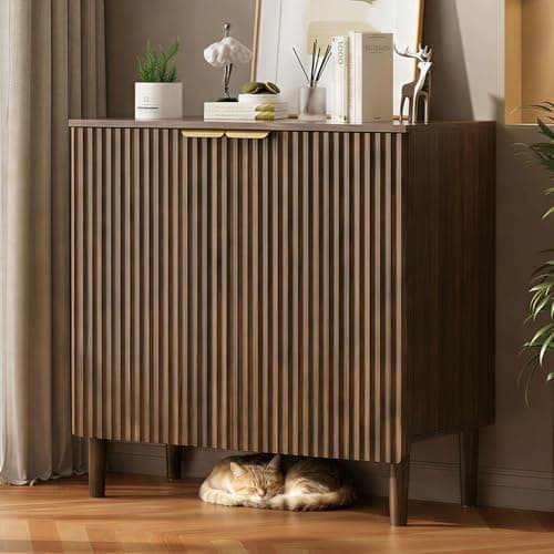 LOOMORA Sideboard Buffet Storage Cabinet - Wood Cabinets with Adjustable Shelves Fluted Doors, Anti-Tip Console Table for Kitchen Dining Living Room or Entryway Hallway, Easy Assembly, Walnut - Image 1