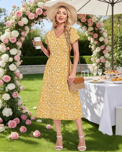 MOLERANI Summer Women's 2026 V Neck Casual Short Sleeve Midi Dress Waffle Knit Flowy Pockets Button Womens Maxi Boho Dresses Spring Floral Sundress Beach Vacation Outfits Comfy, YE S Floral, M - Thumbnail 3