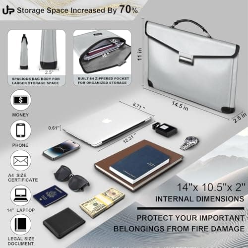RERAMDO Fireproof Document Bag 14.5"X11"X2.5" Fireproof Money Bag for Cash With Lock and Zipper,Fire&Waterproof Storage Organizer Pouch for Valuables,Legal Document,Laptop,Passport,(Silver) - Thumbnail 5