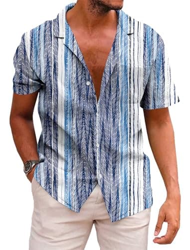 KYKU Man Hawaiian Shirt Soft Button Up Shirts Beach M Blue Stripes with Pockets - Image 1