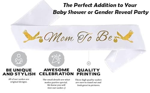 "Mom To Be" & "Dad To Be" Baby Shower Sash Bundle - With Cute Stork Image (White & Gold Lettering) Girl Boy Baby Shower Party Decorations, Gifts, Favors, Mommy Supplies Gender Reveal - Thumbnail 3