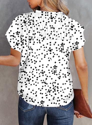 Dokotoo Womens Casual Alicia Flowy Print V Neck Smocked Short Sleeve Chiffon Blouses Tshirts Tops for Women 2026 Summer Trendy Work Business Boho Top Small White - Thumbnail 3