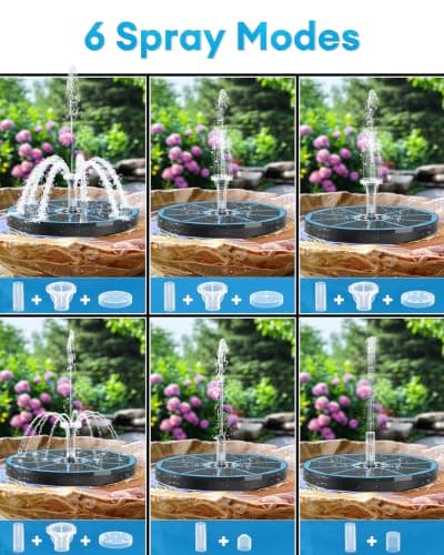 3.5W Solar Fountain,Upgraded 100% Glass Panel Solar Bird Bath Fountain with 2000mAh Battery,7 Color RGB LED Lights & 6 Nozzles,Solar Fountain for Bird Bath,Garden, Pond, Pool, Outdoor Decor(Blue) - Thumbnail 5