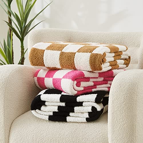 WRENSONGE Fall Checkered Throw Blanket, Burnt Orange Soft Cozy Fluffy Warm Hand Made Throw Blankets for Couch, Sofa, Chair, Bed, Camping, Picnic, Travel Lightweight Bed Blanket - 50"*60" - Thumbnail 3