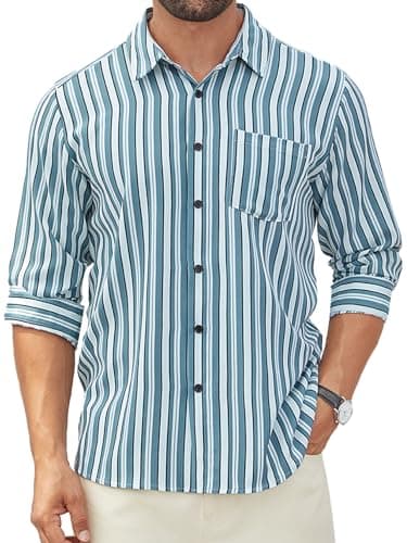 Hardaddy Men's Classic Color Contrast Striped Shirt Long Sleeve Casual Button Down Shirts Blouse Blue 01 XXL - Image 1