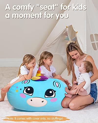 Aubliss Stuffed Animal Storage, Velvet Bean Bag Chairs Cover, Large 32" Ultra Soft Kids Toy Storage Organizer for Blankets Towels Clothes, Blue Big Eyes - Thumbnail 6