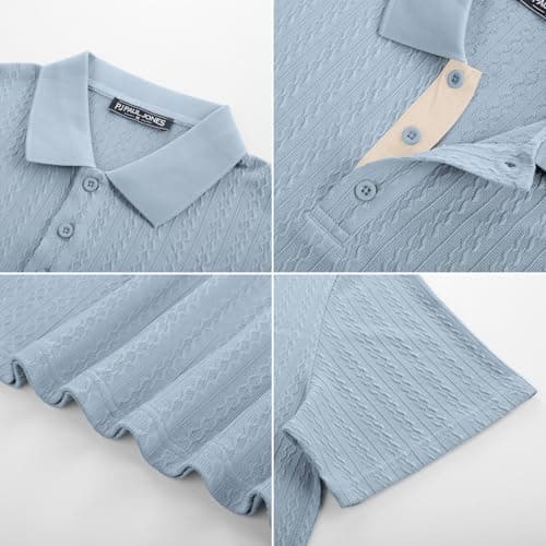 PJ PAUL JONES Mens Short Sleeve Polo T Shirt Lightweight Knitted Textured Shirts Casual Polo Golf Shirt Gray Blue M - Thumbnail 5