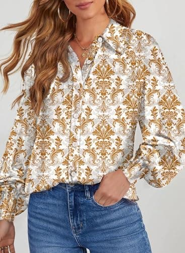 Dokotoo Womens Ladies Plus Size Tops for Women Long Sleeve Shirts Trendy V Neck Chiffon Button Down Blouses for Women Dressy Casual Allover Print Shirts Work Business Bohemian Tops X-Large Khaki - Thumbnail 2