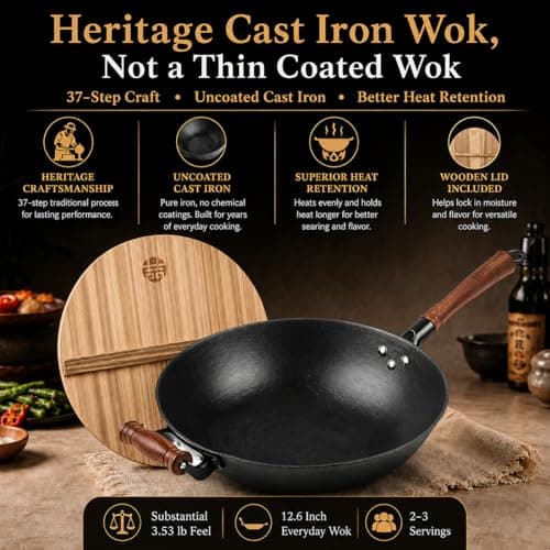 WANGYUANJI Cast Iron Wok Pan with Lid (12.6 Inch) - Handcrafted Flat Bottom Chinese Stir Fry Skillet for Induction, Electric & Gas - Walnut Wood Handle, No Coating - Thumbnail 2