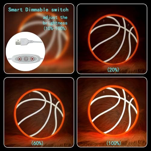 Basketball Neon Sign, 11.02×11.02 Inch LED Neon Light for Wall Decor, USB Powered Dimmable Sports Decor for Living Room Bedroom Game Room（Warm White & Orange） - Thumbnail 4