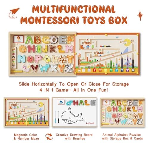 LIOKLICK 4-in-1 Magnetic Color and Number Maze, ABC Animal Alphabet Puzzles with Drawing Board, Wooden Montessori Toy Storage Box for 3-5 Year Old, Toddler Educational Learning Toy for Kids Boys Girls - Thumbnail 2