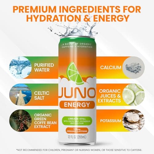 JUNO ENERGY Limeade Still Energy Drink - Sugar Free, 125mg Organic Caffeine from Green Coffee Beans, Hydrating with Stevia, Organic Lime Juice - Vegan, Gluten Free, 12 Pack - Thumbnail 3