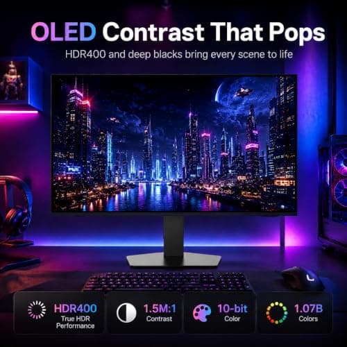 Deco Gear 27 QHD OLED Gaming Monitor | 280Hz 0.03ms Response, HDR400, Adaptive Sync, 99% sRGB, 1.5M:1 Contrast, Borderless Design, Height Adjustable Stand, HDMI 2.1, DisplayPort 1.4 - Thumbnail 6