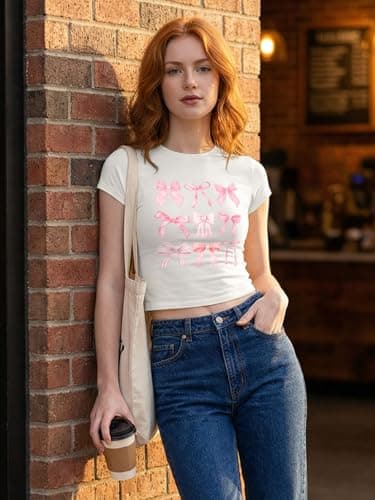 YHHR Y2k Graphic Tee Cute Bow Shirts for Women Coquette Crop Tops Baby Tee Vintage Clothes Slim Fit Trendy Country Shirt White - Thumbnail 3