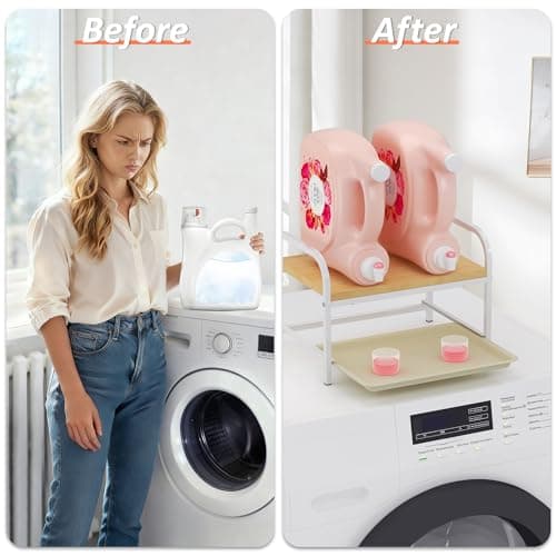 2-in-1 Laundry Detergent Holder & Organizer with Drip Tray, 2-Tier Metal Shelf for Countertop - Soap Dispenser & Storage Stand for Laundry Room, Kitchen, Bathroom, White - Thumbnail 3