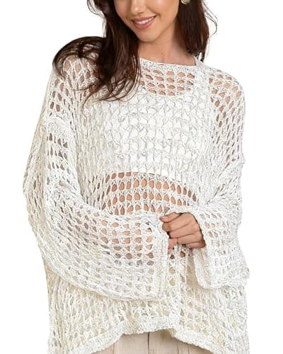 Bsubseach Sexy Beach Cover Ups for Women Hollow Out Crochet Bathing Swimsuit Coverup Sheer Beach Tops Vacation Clothes White M - Image 1