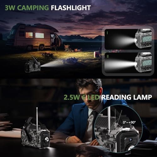 Emergency Radio 12000mAh AUTO NOAA Weather Radio, Solar Hand Crank Portable AM/FM Shortwave Radio with Rechargeable Battery Powered, Flashlight, Reading Lamp, SOS Alarm for Indoor Outdoor Emergencies - Thumbnail 6