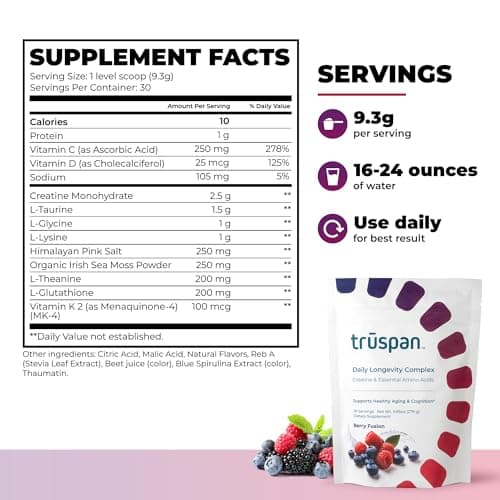 TruSpan Daily Longevity Complex Creatine Powder, with Essential Amino Acids, Sugar Free, Berry Fusion Flavor, 30 Servings - Thumbnail 3