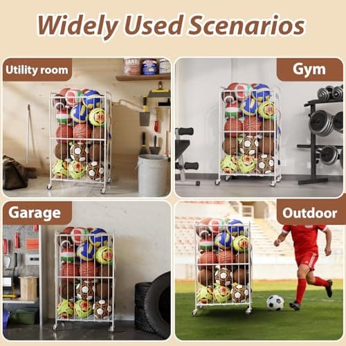YKDIRECT 300L Rolling Ball Organizer with Locking Wheels - Large Sports Storage Basket for Basketball Soccer Football Volleyball, Steel Garage Equipment Cart with Elastic Rope for Household Storage - Thumbnail 6