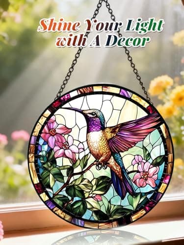 Stained Glass Window Hanging, Hummingbird Suncatcher for Door Home Decor, Birds Flowers Sun Catcher Ornament Mother's Day Birthday Gifts for Bird Lovers Women Men Mom 6.3 in - Thumbnail 3