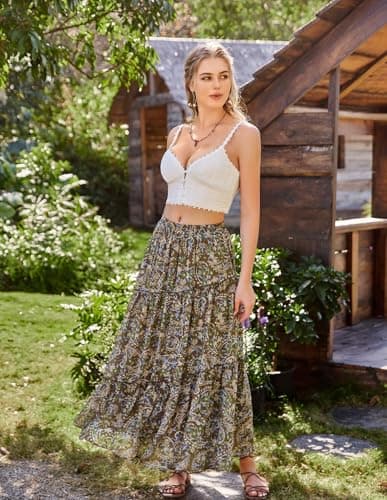 Scarlet Darkness Boho Maxi Skirt for Women Tiered Flowy Long Skirts with Pockets 2026 Summer Spring Vacation Outfits Brown Green Floral S - Thumbnail 6