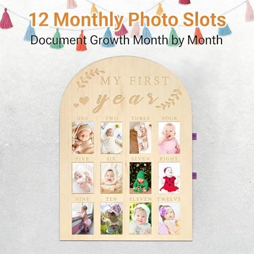DegoCython Baby First Year Photo Board, Natural Wood, 16x12 Inches, Monthly Photo Display, Modern Farmhouse Style, Arch Shape, Tabletop Frame, Baby Photo Display, 12 Photo Slots - Thumbnail 2