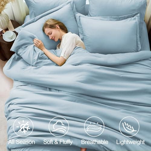 FUANNA Queen Comforter Set Light Blue, 7 Pieces Soft Bedding Sets Queen Size, All Season Lightweight Bed in a Bag with Comforter, Flat Sheet, Fitted Sheet, Pillowcases & Shams - Thumbnail 2