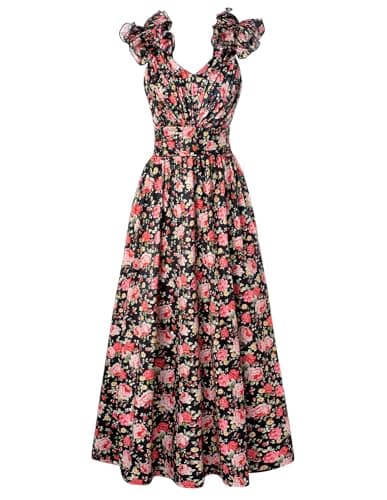 GRACE KARIN 2025 Women's Summer Floral Print Sleeveless Long Casual Flowy A Line Ruffle Wedding Guest Maxi Dress Black Red XL - Image 1