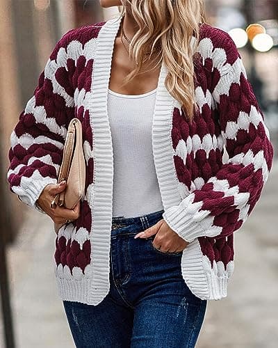 KIRUNDO Women's 2026 Fall Open Front Knitted Cardigan Cable Knit Striped Color Block Lantern Sleeve Casual Short Cardigan Sweater Winter Clothes(Wine Red, Small) - Thumbnail 3